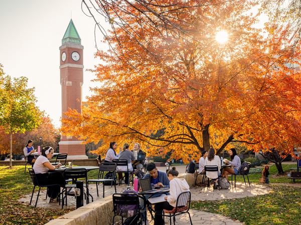 Students study near the clock tower on 博彩网址大全's campus